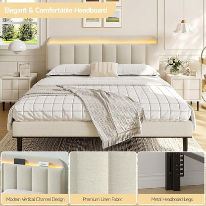 Adjustable Headboard for King/California King Size Bed Frame, Linen Fabric Bed Headboard with Storage & RGB LED Light in Modern Vertical Channel Design, White