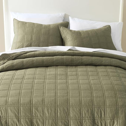 HORIMOTE HOME 100% Cotton Quilt Twin Size Olive Green Bedspread, Pre-Washed 2PCS Cozy Lightweight Stitching Decorative Bedding Cover Coverlet Set with 1 Sham in Geometric Pattern for All Season