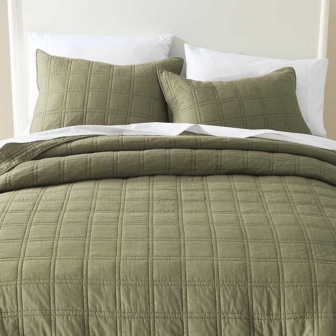 HORIMOTE HOME 100% Cotton Quilt King Size Olive Green Bedspread, Pre-Washed 3-Piece Cozy Lightweight Stitching Bedding Cover Coverlet Set with 2 Shams in Geometric Pattern for All Season