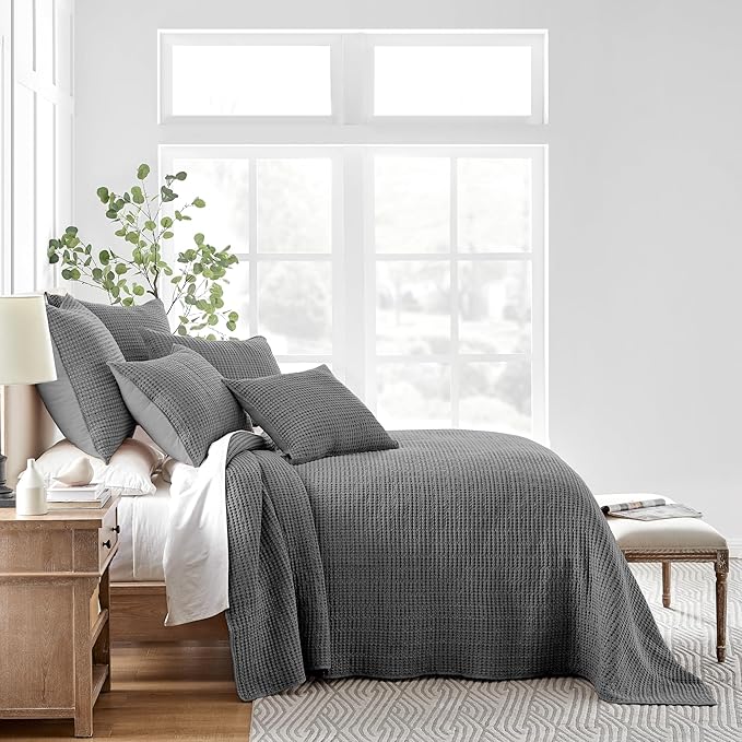 Levtex Home Mills Waffle Full Bedspread Set (100x104in) with 2 Pillow Shams (26x20in) - Charcoal - 100% Cotton Full Size Bedspread Set - Lightweight, Soft, Pre-Washed