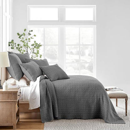 Levtex Home Mills Waffle Full Bedspread Set (100x104in) with 2 Pillow Shams (26x20in) - Charcoal - 100% Cotton Full Size Bedspread Set - Lightweight, Soft, Pre-Washed
