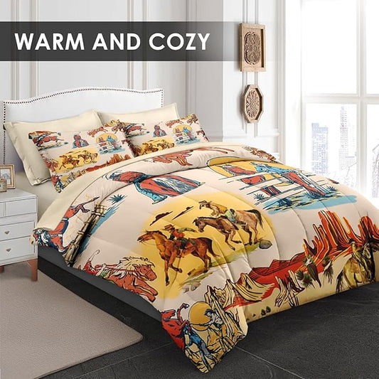 Comforter Set Twin Size, Western Cowboy Retro 5 Pcs Bedding for Kids and Adults, Vintage Horse Cowgirl Bed Sheet Sets with Fitted Sheet Pillowcase & Sham for Bedroom Bed Decor