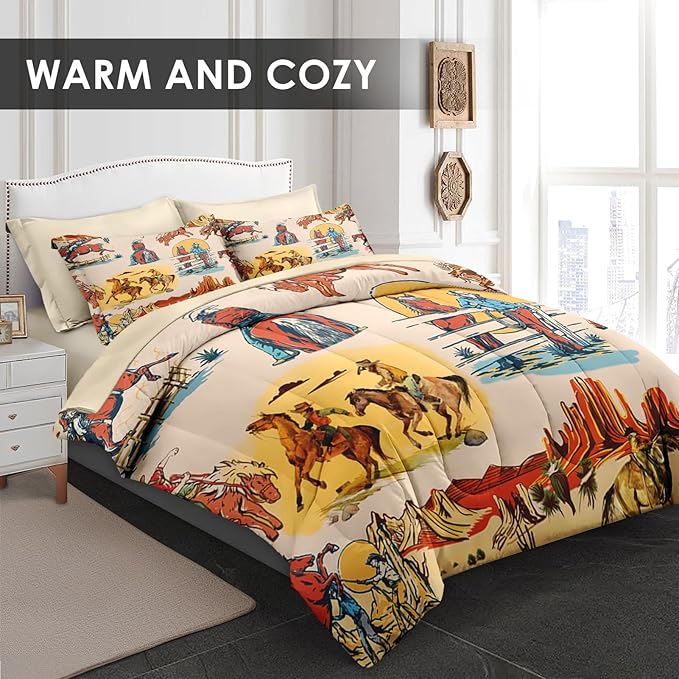 Comforter Set Full Size, Western Cowboy Retro Colorful 7 Pcs Bedding for Kids and Adults, Vintage Horse Cowgirl Bed Sheet Sets with Fitted Sheet 2 Pillowcases & 2 Shams for Bedroom Bed Decor