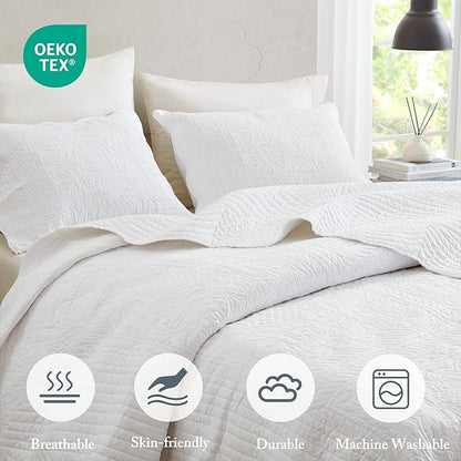 Madison Park King Quilt Set Damask Coverlet Set for King Size Bed, Cottage Oversized Quilt Set, Scallop Edge, All Season, Pre-washed Cotton-Filled King Size Quilt, Tuscany, King/Cal King White 3 Piece