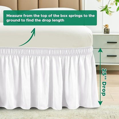 Biscaynebay Wrap Around Bed Skirts for Full & Full XL Beds Extra Long Drop of 25", White Adjustable Elastic Dust Ruffles Easy Fit Wrinkle Resistant Silky Luxurious Fabric Machine Washable