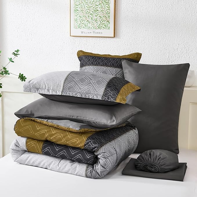 Dinjoy Boho Queen Comforter Set Gray Yellow,7 Piece Bed in a Bag Queen Size Warm Striped Mustard Grey Bedding Sets Plaid Fall Comforters Set with Sheets for Family All Season
