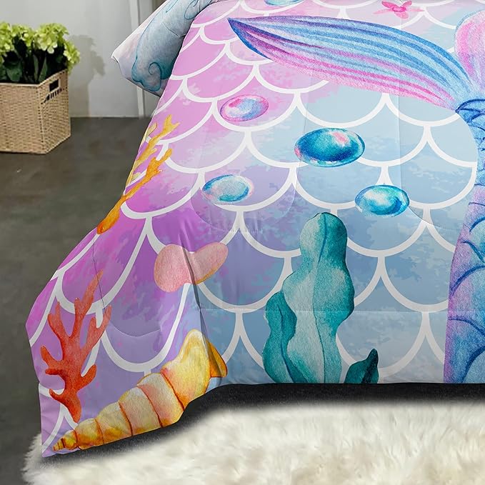 NINENINE Mermaid Comforter Sets,Twin Bedding Sets for Girls,Kids Comforter Sets for Girls, Twin Bedding with 1 Comforter 1Pillowcase