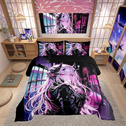 Erosebridal Japanese Anime Bedding Set Toddler Size, Anime Girl Comforter Set Kawaii Japanese Style Duvet Insert Cartoon Japan Animation Quilt for Boys Teens Adult Women Bedroom Decor