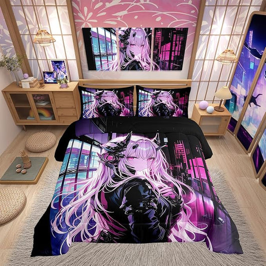 Erosebridal Japanese Anime Bedding Set Toddler Size, Anime Girl Comforter Set Kawaii Japanese Style Duvet Insert Cartoon Japan Animation Quilt for Boys Teens Adult Women Bedroom Decor