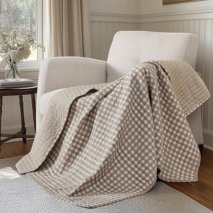 Levtex Home - Camden Gingham Stitch Taupe Quilted Throw (50x60in) - Textured Gingham - Lightweight Cotton Throw Blanket - Taupe and Cream - Reversible - Cotton