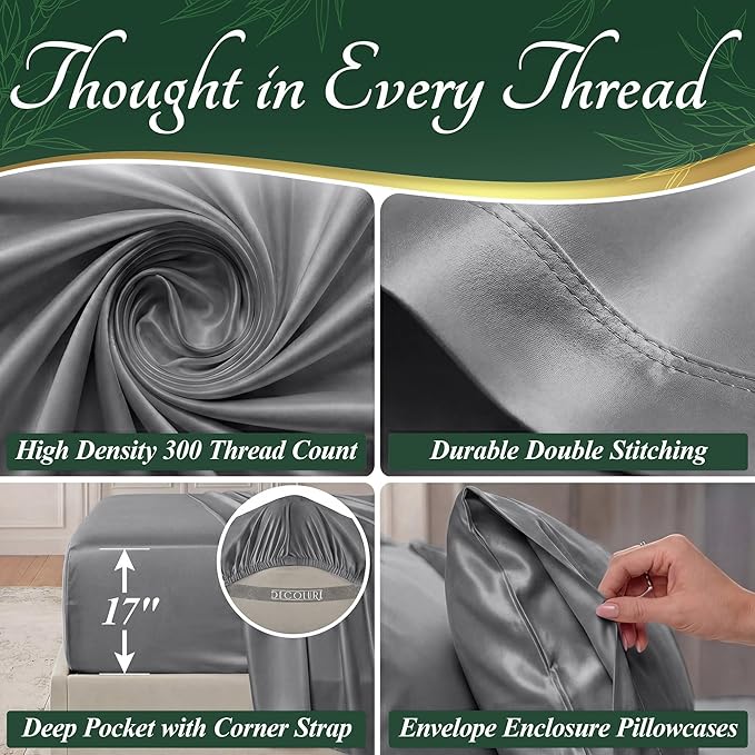 DECOLURE 100% Viscose Derived from Bamboo Sheets California King Size - Luxury 6 Pc Naturally Cooling Sheets, Ultra Soft Bed Set - Deep 17" Pockets, Double Stitching, Oeko Tex Standard (Midgrey)