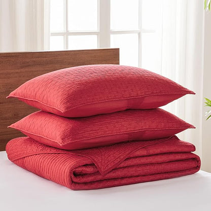 Levtex Home Cross Stitch Reversible Twin Bedspread Set (84x104in) with 1 Pillow Sham (26x20in) - Stitch Texture - Chile Red - Cotton Twin Size Bedspread Set - Lightweight, Soft, Pre-Washed