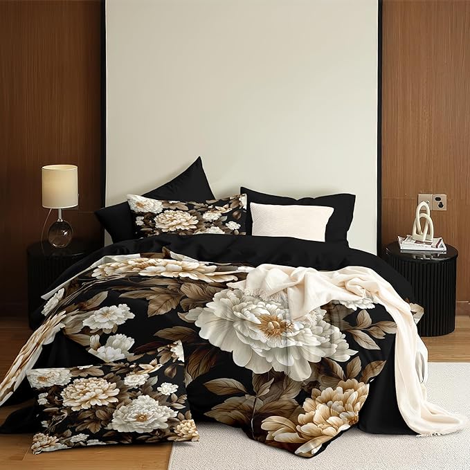 New Chinese Luxury Bedding Set Full Size, Black Peony & Bird Print Lightweight Comforter, Elegant Oriental Bedroom Decor with 2 Pillowcases/79 * 90