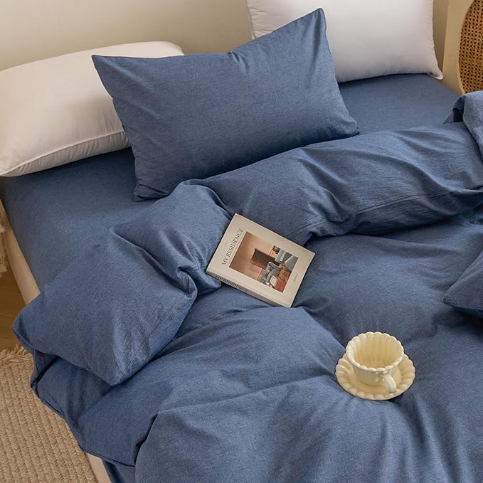 ECOCOTT Denim Blue Duvet Cover Queen Size, 100% Washed Cotton 1 Duvet Cover with Zipper and 2 Pillowcases, Ultra Soft and Easy Care Breathable Cozy Bedding Set (Denim Blue, Queen)
