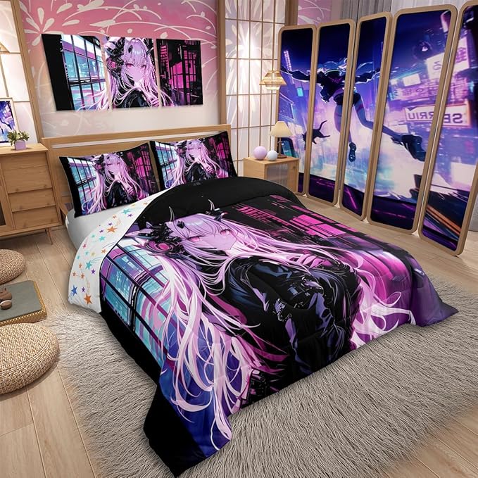 Erosebridal Japanese Anime Bedding Set Toddler Size, Anime Girl Comforter Set Kawaii Japanese Style Duvet Insert Cartoon Japan Animation Quilt for Boys Teens Adult Women Bedroom Decor