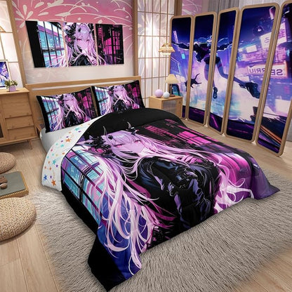 Erosebridal Japanese Anime Bedding Set King Size, Anime Girl Comforter Set Kawaii Japanese Style Duvet Insert Cartoon Japan Animation Quilt for Boys Teens Adult Women Bedroom Decor