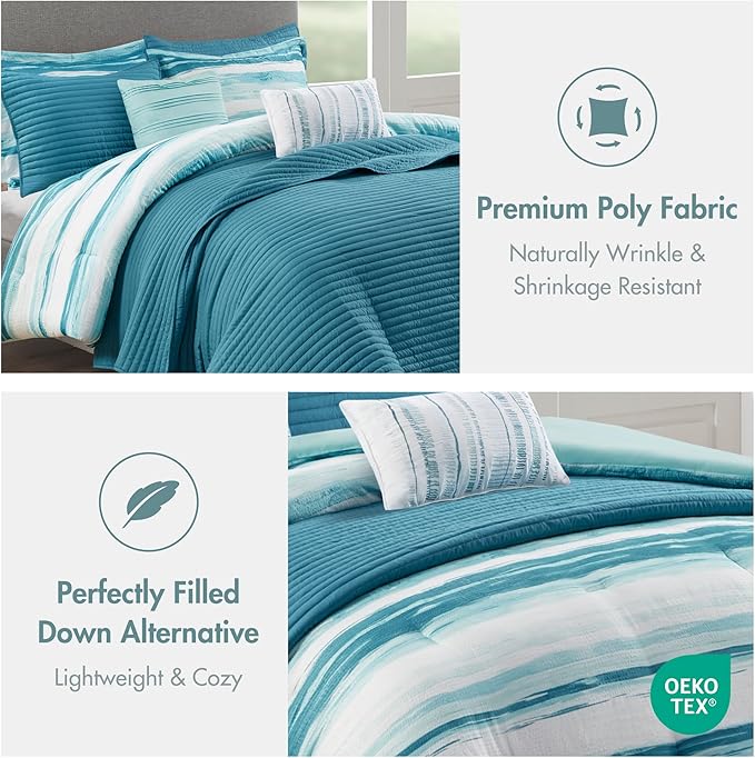Madison Park Marina Comforter Quilt Combo Set - Modern Luxury Design, All Season Down Alternative Bedding, Matching Shams, Decorative Pillows, Full/Queen(90"x90"), Aqua 8 Piece
