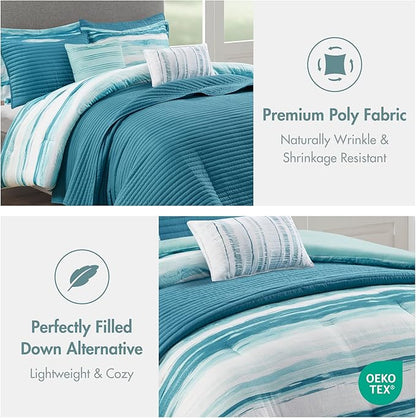Madison Park Marina Comforter Quilt Combo Set - Modern Luxury Design, All Season Down Alternative Bedding, Matching Shams, Decorative Pillows, Full/Queen(90"x90"), Aqua 8 Piece