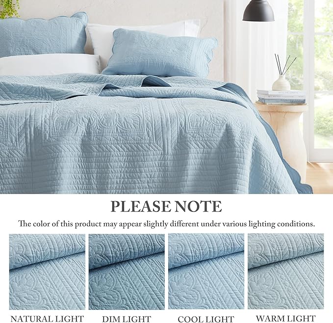 Madison Park Queen Quilt Set Damask Coverlet Set for Queen Size Bed, Cottage Oversized Quilt Set, Scallop Edge, All Season, Pre-Washed Cotton-Filled Queen Size Quilt, Tuscany, Full/Queen Blue 3 Piece