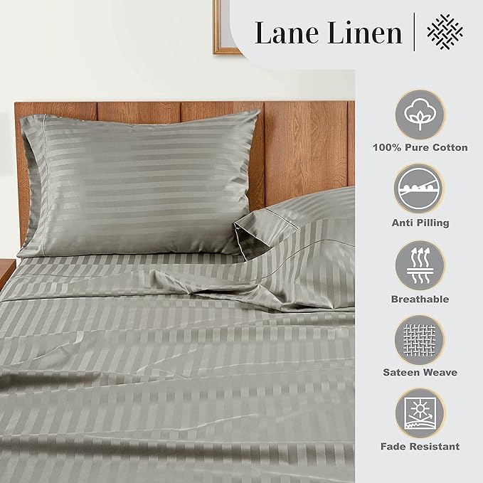 LANE LINEN Striped Sheets Set - 100% Egyptian Cotton 4 Piece Bed for King Size Hotel Bedding & Pillowcases 16" Deep Pocket (Fits Upto 17" Mattress) Silver