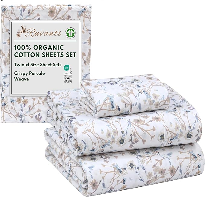 RUVANTI 100% Organic Cotton Sheets Twin XL, Percale Weave, GOTS Certified, 3-Piece Set, Deep Pocket 15", Crisp & Breathable, Soft Durable Bedding, Sábanas Algodón Orgánico – Tranquil