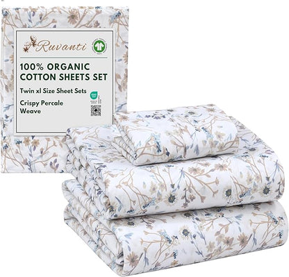 RUVANTI 100% Organic Cotton Sheets Twin XL, Percale Weave, GOTS Certified, 3-Piece Set, Deep Pocket 15", Crisp & Breathable, Soft Durable Bedding, Sábanas Algodón Orgánico – Tranquil