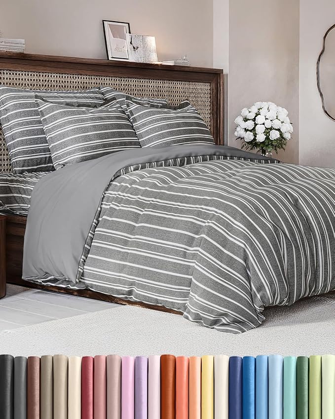 Duvet Cover King Size Set - Extra Soft King Duvet Cover 104" x 90" with 2 Pillow Shams - Hotel Luxury, Easy Care & Fade Free with Zipper Closures and Ties - Comfy, Cozy and Breathable (Grey Stripes)