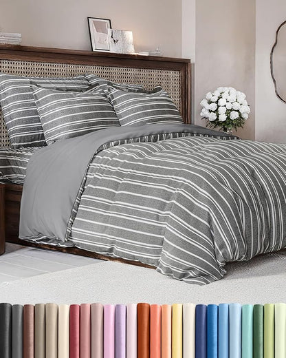 Duvet Cover King Size Set - Extra Soft King Duvet Cover 104" x 90" with 2 Pillow Shams - Hotel Luxury, Easy Care & Fade Free with Zipper Closures and Ties - Comfy, Cozy and Breathable (Grey Stripes)