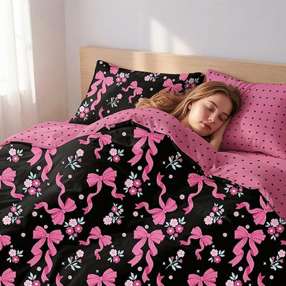 Pink Bow Comforter Set Twin Size, Black Pink Love Heart Bedding Set, 2 Pcs Soft Microfiber Priness Bed Set with 1 Pillowcase, 68"x86"