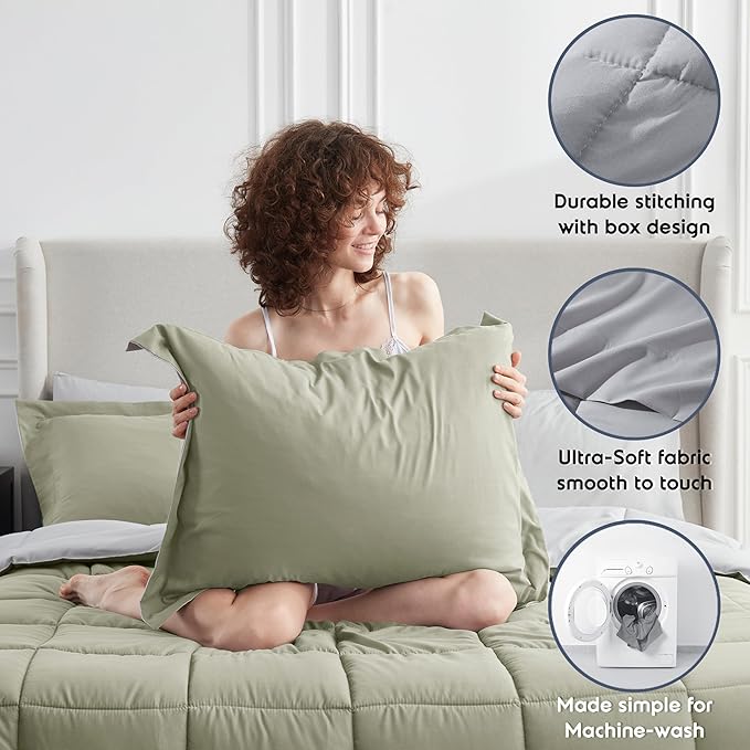 Nestl 7 Piece California King Comforter Set – Light Sage Reversible Bed in a Bag – Complete Cal King Size Bedding Set with Sheets, Pillowcases and Shams