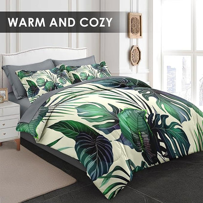 Comforter Set Twin Size, Tropical Plants Leaves 5 Pcs Bedding for Kids and Adults, Palm Leaf Flower Hawaiian Bed Sheet Sets with Fitted Sheet Pillowcase & Sham for Bedroom Bed Decor