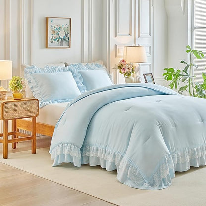 Joyreap Queen Size Comforter Set Blue, 3pcs Lace Ruffled Bedding Comforter Set, Microfiber Vintage Boho Chic Bedding Set for All Season- 88x88 inches