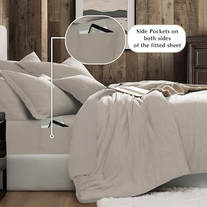 Geniospin Full Comforter Set - 7 Pieces Comforter Full Size, Solid Bedding Sets for All Season, Textured Bed in a Bag with Flat Sheet and Fitted Sheet, Pillowcases and Shams (Ivory, 80''x90'')