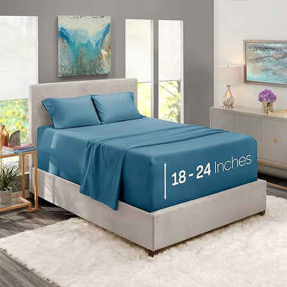 Nestl King Size Sheet Set, 4 Piece Extra Deep Pocket (18-24 inches), Microfiber, Hotel Luxury, Soft, Breathable, Wrinkle-Free, Easy to Care, Blue Heaven