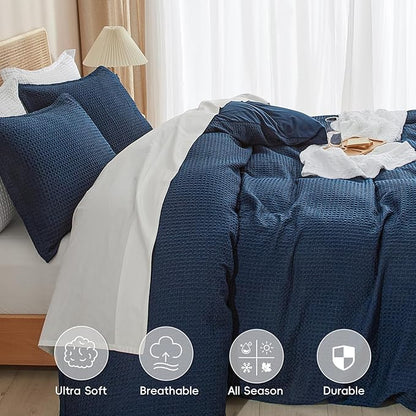 PHF Waffle Weave Duvet Cover Set King Size, No Snagging Ultra Soft Luxury Textured Breathable Comforter Cover for All Season 3pcs, Durable Bedding Duvet Set with 2 Pillow Shams, 104"x90", Navy Blue