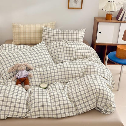 Vintage Grey Plaid Duvet Cover Full Size 100% Cotton Muslin Gingham Duvet Cover Grey Green Grid Checkered Plaid Bedding Set Breathable Soft Linen Like Gauze Comforter Cover Gingham Bedding Set Full