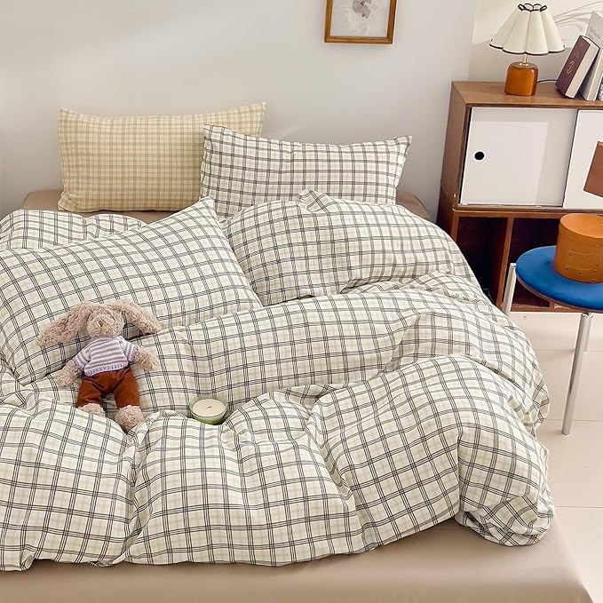 Vintage Grey Plaid Duvet Cover Queen 100% Cotton Muslin Gingham Duvet Cover Grey Green Plaid Checkered Grid Bedding Set Breathable Linen Like Gauze Comforter Cover Farmhouse Gingham Bedding Set