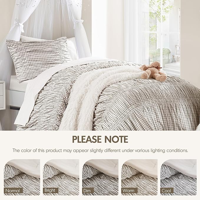 Intelligent Design Ella Twin Comforter Set – Ruched Gingham Shabby Chic Bedding, Bow-Tie Detail, All Season Lightweight 3 Piece Bedding Set, Sham, Twin/Twin XL, Brown