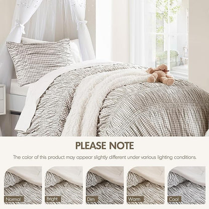 Intelligent Design Ella Twin Comforter Set – Ruched Gingham Shabby Chic Bedding, Bow-Tie Detail, All Season Lightweight 3 Piece Bedding Set, Sham, Twin/Twin XL, Brown