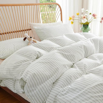 Nayoroom Striped Duvet Cover Queen Size 100% Washed Cotton White Green Stripe Duvet Cover 3 Pieces Soft Breathable Girls Dorm Bedding Set for All Seasons, Yarn Dyed Process