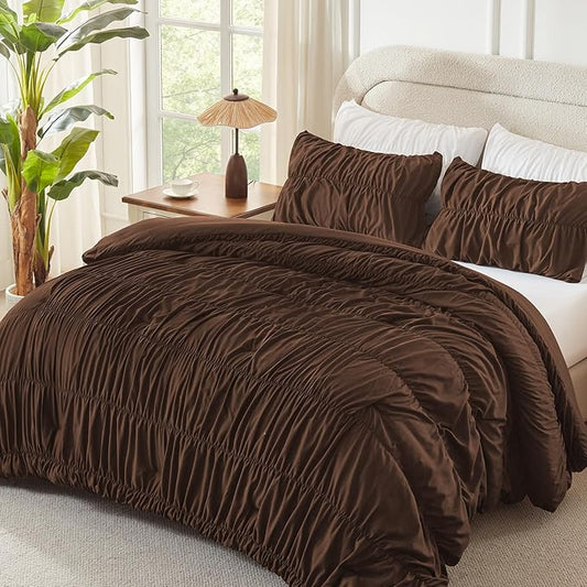 Andency Ruched Brown Full Size Comforter Sets, Shabby Chic Pleatd Bedding Sets 3 Pieces, Lightweight Soft Boho Ruffle Bed Set for Girls, Kids, Women, All Season