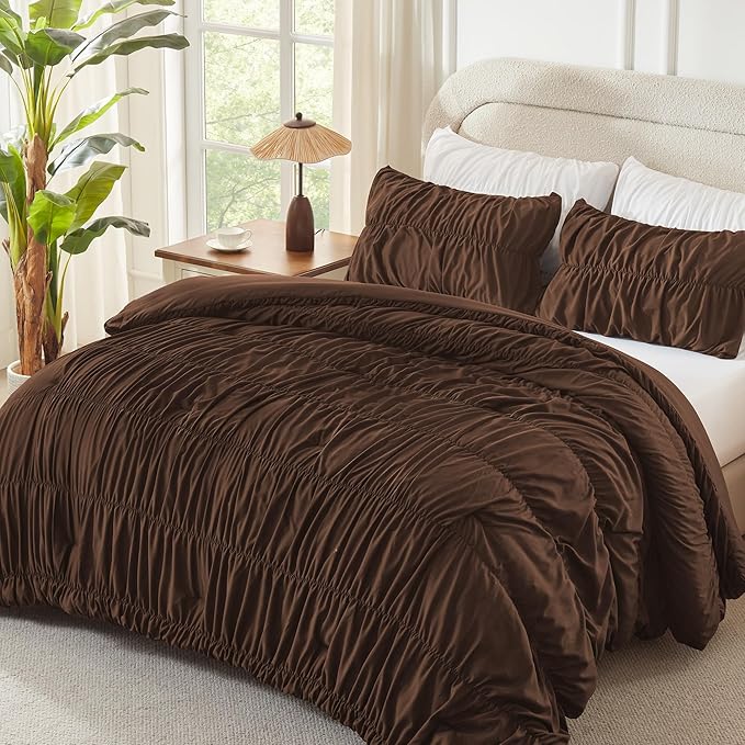 Andency Ruched Brown Twin Size Comforter Sets, Shabby Chic Pleated Bedding Sets 2 Pieces, Lightweight Soft Boho Ruffle Bed Set for Girls, Kids, Women, All Season