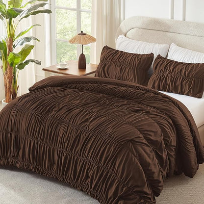 Andency Ruched Brown King Size Comforter Set, Shabby Chic Pleated Bedding Sets 3 Pieces, Lightweight Soft Boho Ruffle Bed Set for Girls, Kids, Women, All Season
