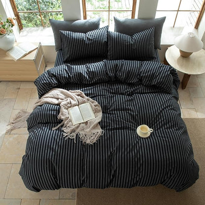 Striped Duvet Cover Set 100% Washed Cotton Linen Like Soft Feelling Breathable Bedding(Strip-Black/White,King)