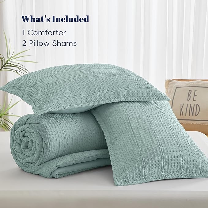 PHF Soft Waffle Comforter Set Queen Size- Comfy Breathable Waffle Weave Comforter with 2 Pillow Shams, 3 Pieces Less Snagging Lightweight Textured Bedding Set for All Season, Aqua