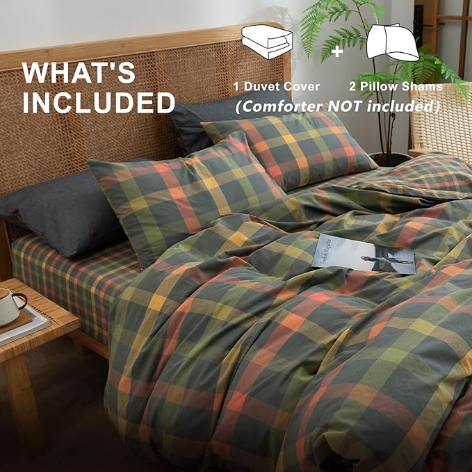 VM VOUGEMARKET Washed Cotton Bedding Set King Colorful Plaid Duvet Cover Set 3 Pieces Orange Grey Green Grid Duvet Cover with Zipper Ties for Men Women-104x90 Inch