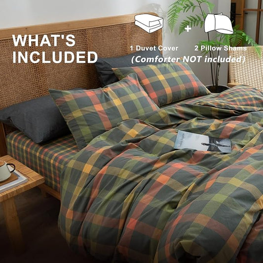 VM VOUGEMARKET Twin XL Plaid Duvet Cover Set Orange Grey Green Gingham Bedding Set Soft Washed Cotton Reversible Modern Cozy Duvet Cover with 2 Pillowcases for Teen Boys- 68x90 Inch