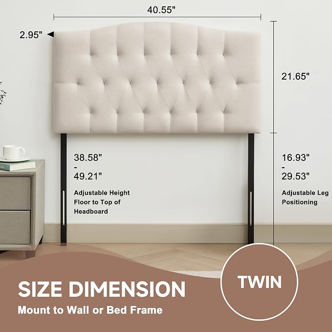 Tufted Upholstered Twin Headboard Only, Adjustable Heige 38-50 in, Beige | Twin Size Headboard for Dorm Bed, Durable Linen Fabric Headboards, Twin XL Headboard with Modern Diamon Design Wood