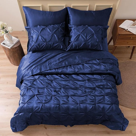 MR&HM Satin Comforter Twin XL 5 Pieces - Luxurious Pinch Pleat Bedding Set with Comforter, Flat Sheet, Fitted Sheet, Pillowcase & Sham, Super Silky Soft Bed Set for All Season (Twin XL, Navy Blue)