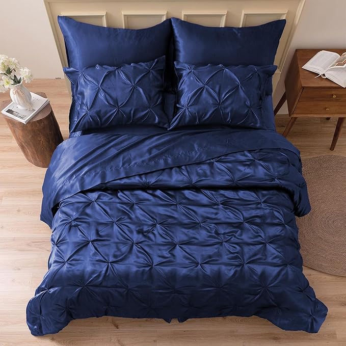 MR&HM Satin Comforter California King 7 Pieces Navy Blue - Luxurious Pinch Pleat Bedding Set with Comforter, Flat Sheet, Fitted Sheet, Pillowcases & Shams, Super Silky Soft Bed Set for All Season